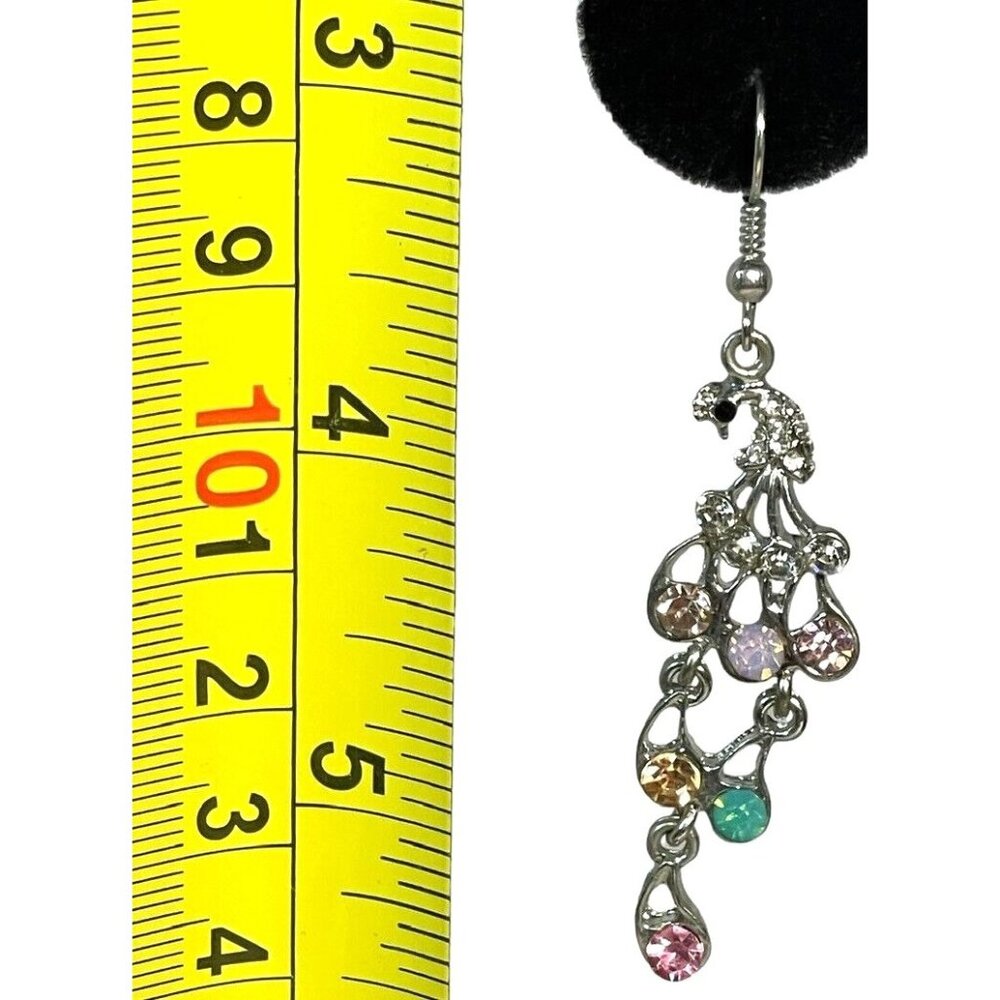 Fun Rhinestone Studded Peacock Dangle Earrings Excellent Condition Gift